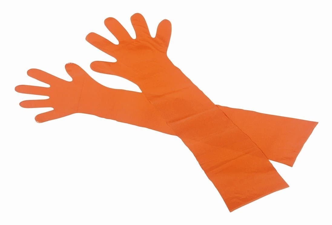 Extra-Long Veterinary Gloves, Size L, Orange, 90 cm, Pack of 50