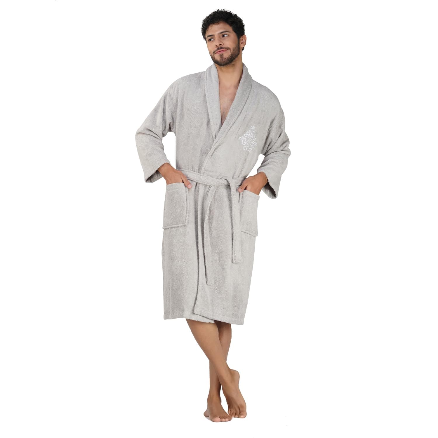 Rangoli Royal Bamboo Premium Bathrobe For Men | Ultra Soft Bamboo Yarn Lightweight Bathing Robes | 460 GSM Highly Absorbent & Quick Drying Luxurious Bath Gown | Knee Length Bath Robe - Grey