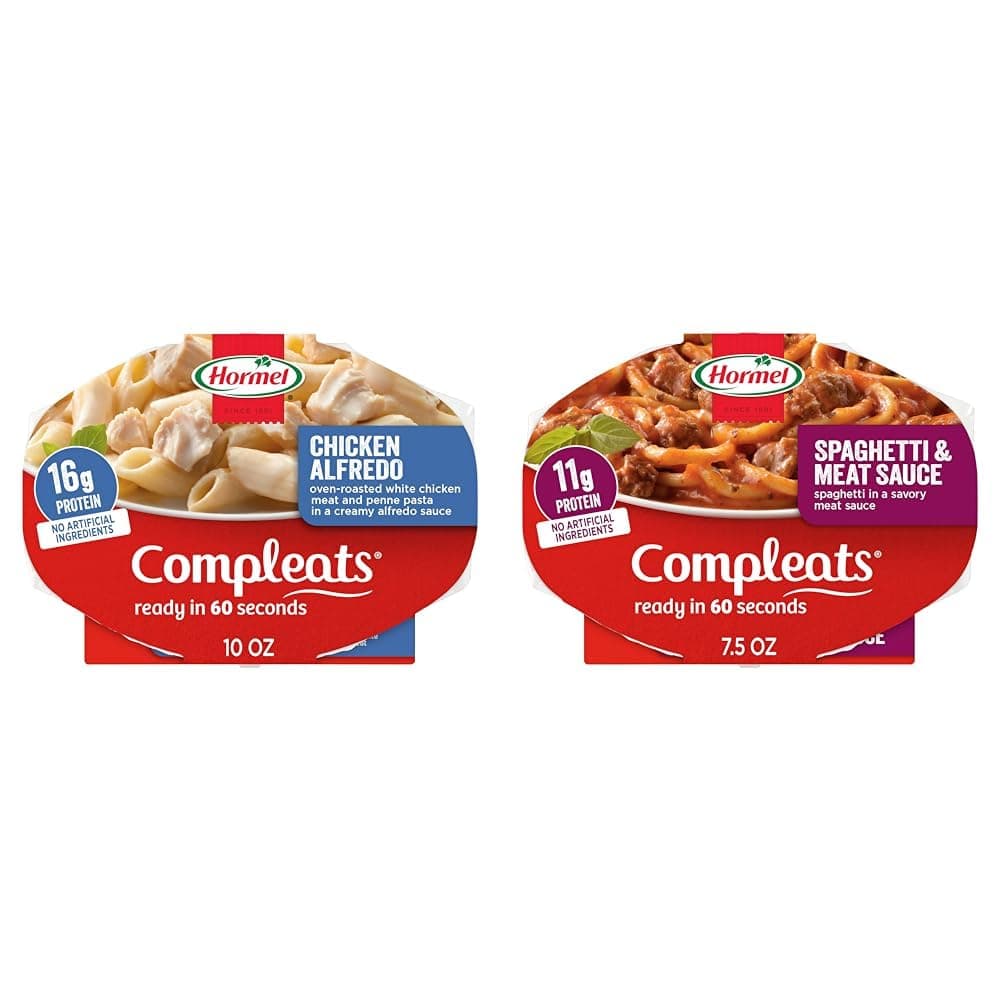 HORMEL COMPLEATS Chicken Alfredo Microwave Tray, 10 oz. (6 Pack) and HORMEL COMPLEATS Spaghetti & Meat Sauce Microwave Tray, 7.5 oz. (7 Pack)