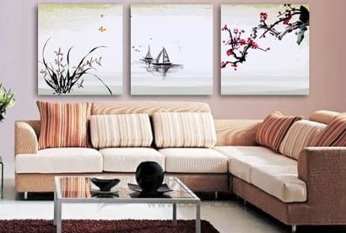 Gallery Canvas Art-3 Piece Oriental Art Split Canvas Picture of Art Wall Canvas Artwork, Framed, Ready to Hang, All Images on Large, Real Wood Frames #14-50