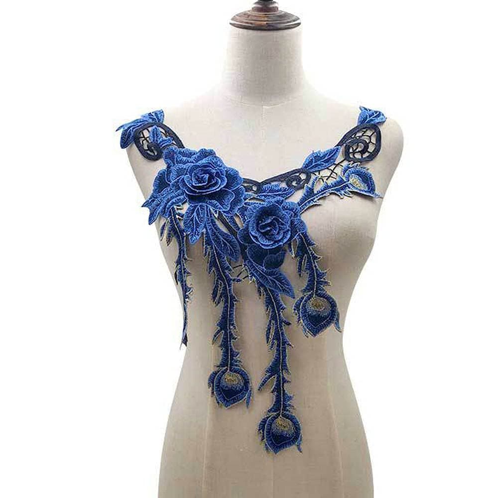 1 pc Beautiful Blue Embroidered Necklace Sewing Patch Decal Neckline Badge Handmade DIY Decorative Fabric (Color F)