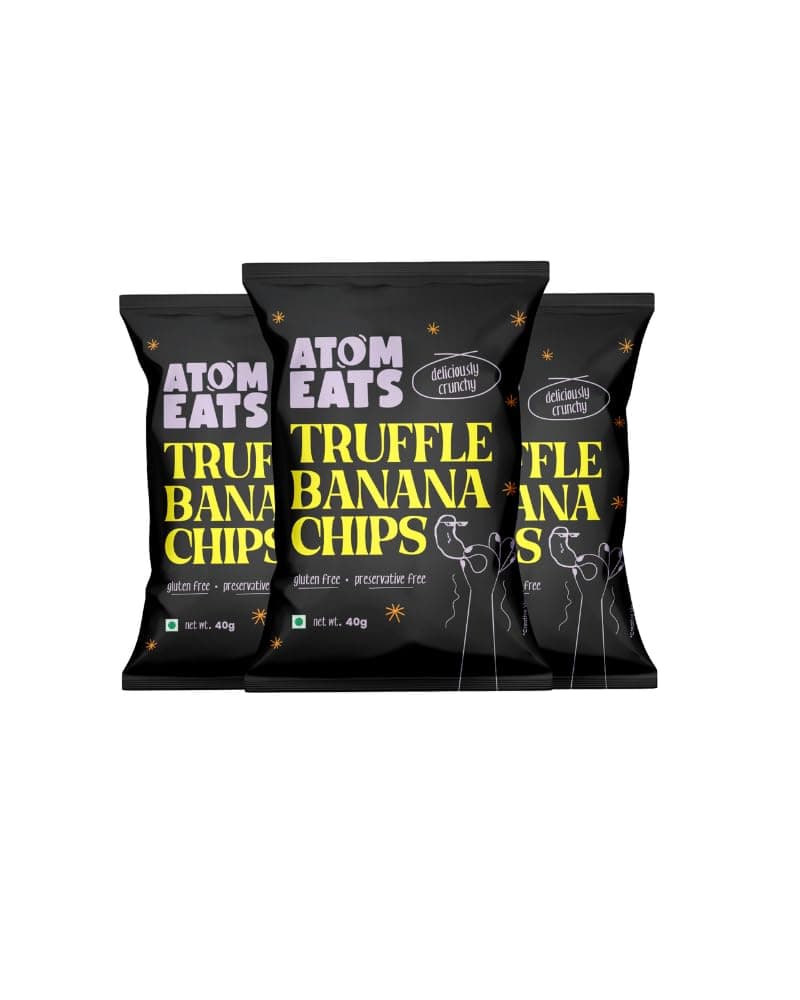 Atom Eats | Luxurious Black Truffle & Cheese Sprinkled Banana Chips (Pack of 3) 40g each | Crunchy Gourmet Snacks for Parties, Drinks, Tea & Coffee | Imported Quality | Social Gatherings - Fun Snack