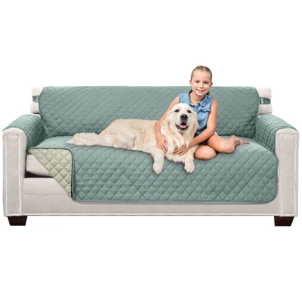 Sofa Shield Couch Slip Covers for Dogs, Reversible Furniture Protector with Strap, Stain and Tear Resistant Cushion Cover, 70 inch Seat, Machine Washable Slipcover Pets, Cats, Seafoam Cream