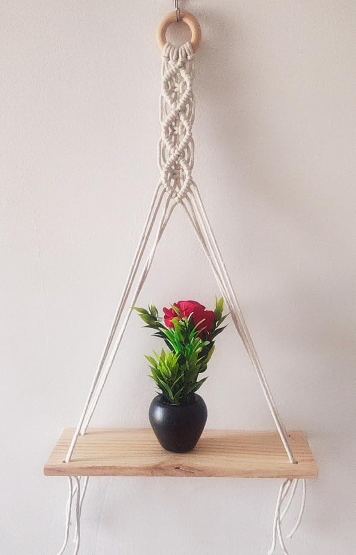 Tech Czar Macrame Wall Hanging Wooden Shelf | Stylish Storage & Display for Bedroom, Bathroom, Living Room, Dinning Room, Hallway | Floating Shelves for Plants, Photos, & Home Decor