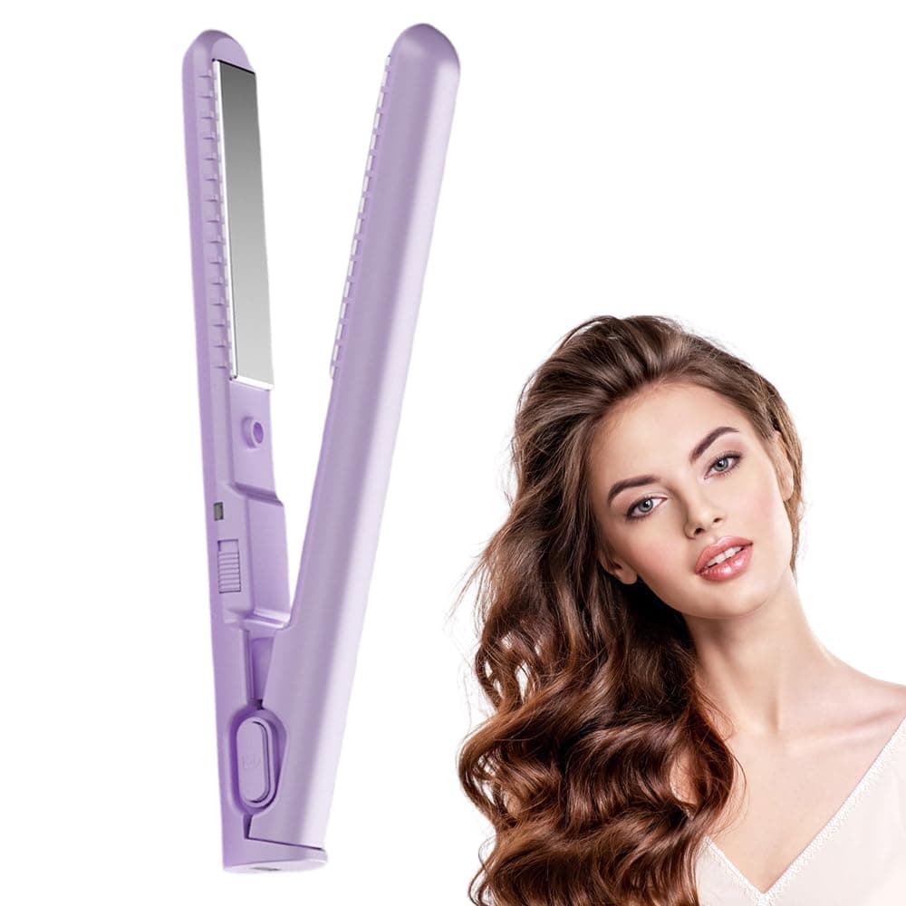 Mini Dual-Purpose Curling Iron, 2-in-1 Mini Curling Wand & Flat Iron Hair Straightener, Portable Ceramic Hair Curler Straightener for Travel (Purple)