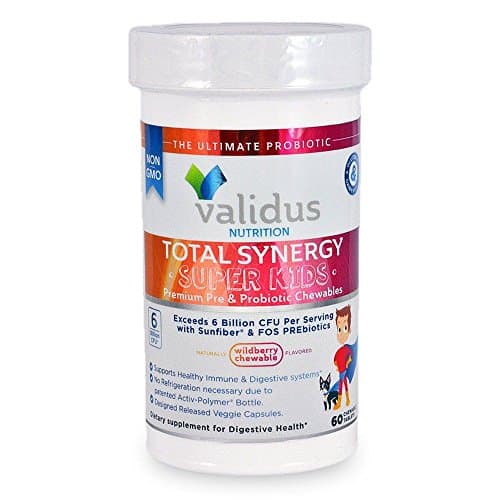 Validus Nutrition Gluten-Free Dairy-Free Non GMO 6B CFUs Total Synergy Super Kids Prebiotic and Probiotic Chewables, 60 Day Supply