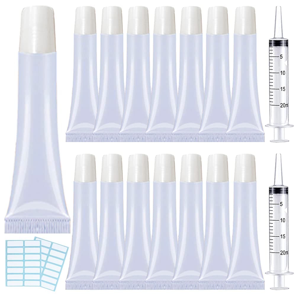 AMORIX 50pcs Lip Gloss Tubes - 15ml White Refillable Cosmetic Squeeze Tubes + 2 x 20ml Syringes and Tags for DIY Lip Gloss Base