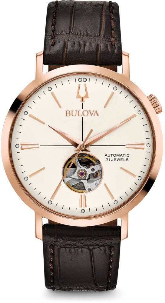 Bulova Men's Classic Aerojet 3-Hand Automatic Leather Strap Watch, Open Aperture, 40-Hour Power Reserve, Double Curved Mineral Crystal, 41mm