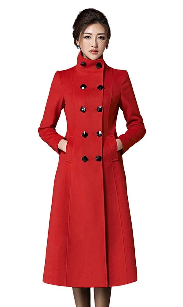 Chickle Women's Double Breasted Lapel Walker Long Wool Coat Red