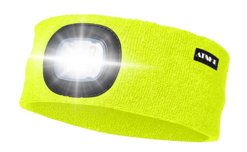 ATNKE LED Lighted Headband, USB Rechargeable Running Hat Ultra Bright 4 LED Waterproof Light Lamp Headlamp High Stretch Moisture Wicking Multi-Color