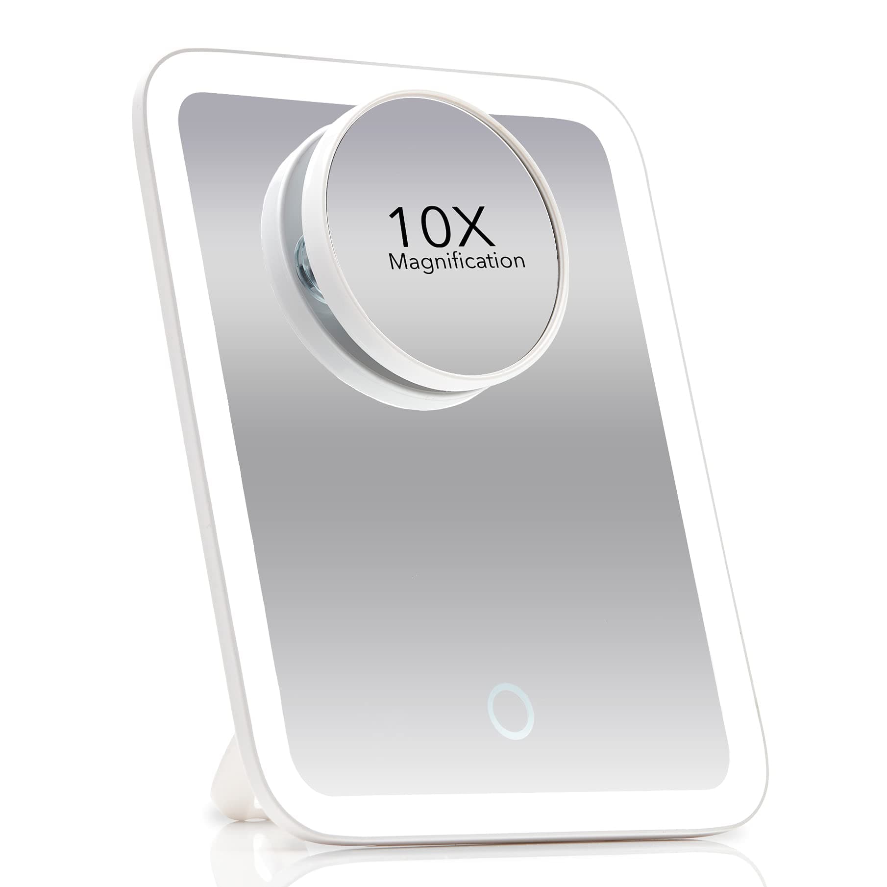 FanciiPortable LED Makeup Mirror with 3 Adjustable Light Settings, 1x Large Mirror & Detachable 10x Magnifying Mirror - Cordless Lighted Mirror for Travel, 360° Rotatable Kickstand (White)