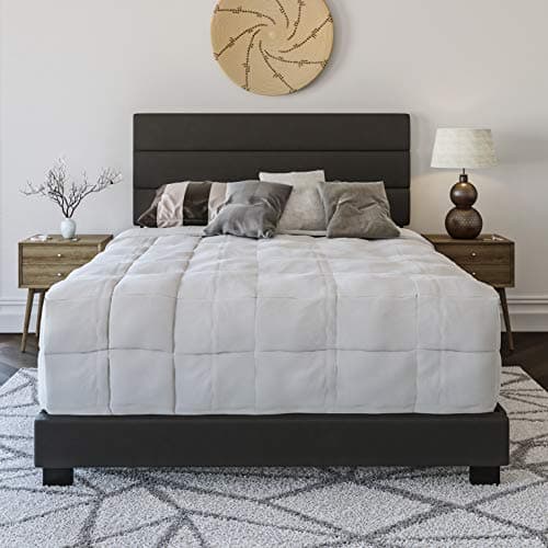 Boyd Sleep Montana Upholstered Platform Bed Frame Mattress Foundation with Tri-Panel Headboard and Strong Wood Slat Supports: Faux Leather, Black, Queen