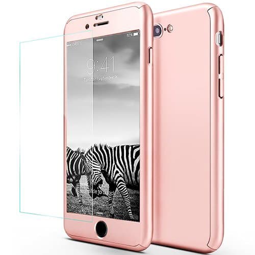Full Body Slim Polycarbonate Shock Absorption Protective Case with Tempered Glass Screen Protector for iPhone 7 Plus, Rose Gold - 5.5 Inch