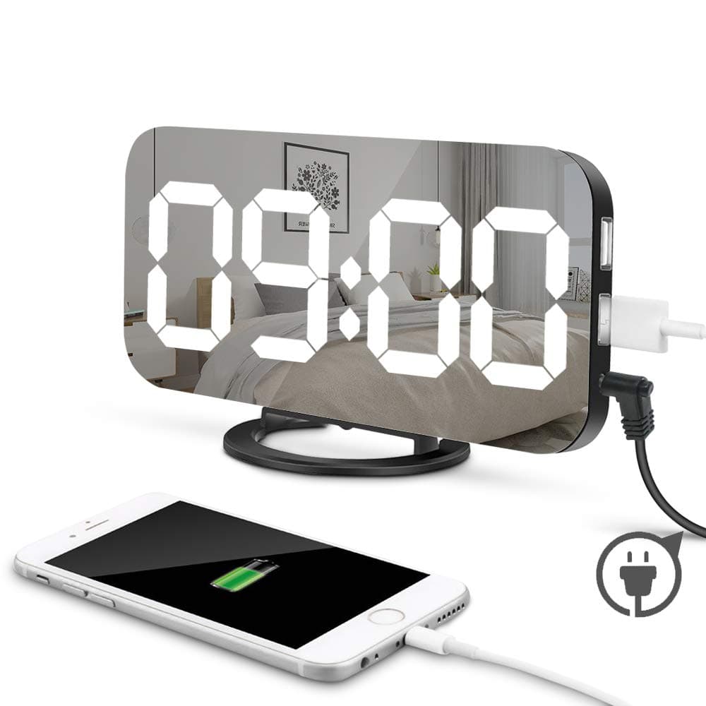 KONKY LED Digital Alarm Clock, Digit Mirror Clock Bedroom Nightstand Clock with Dual USB Charger Ports, Adjustable Brightness, Big Snooze Button - for Travel, Home, Office Use (Black)