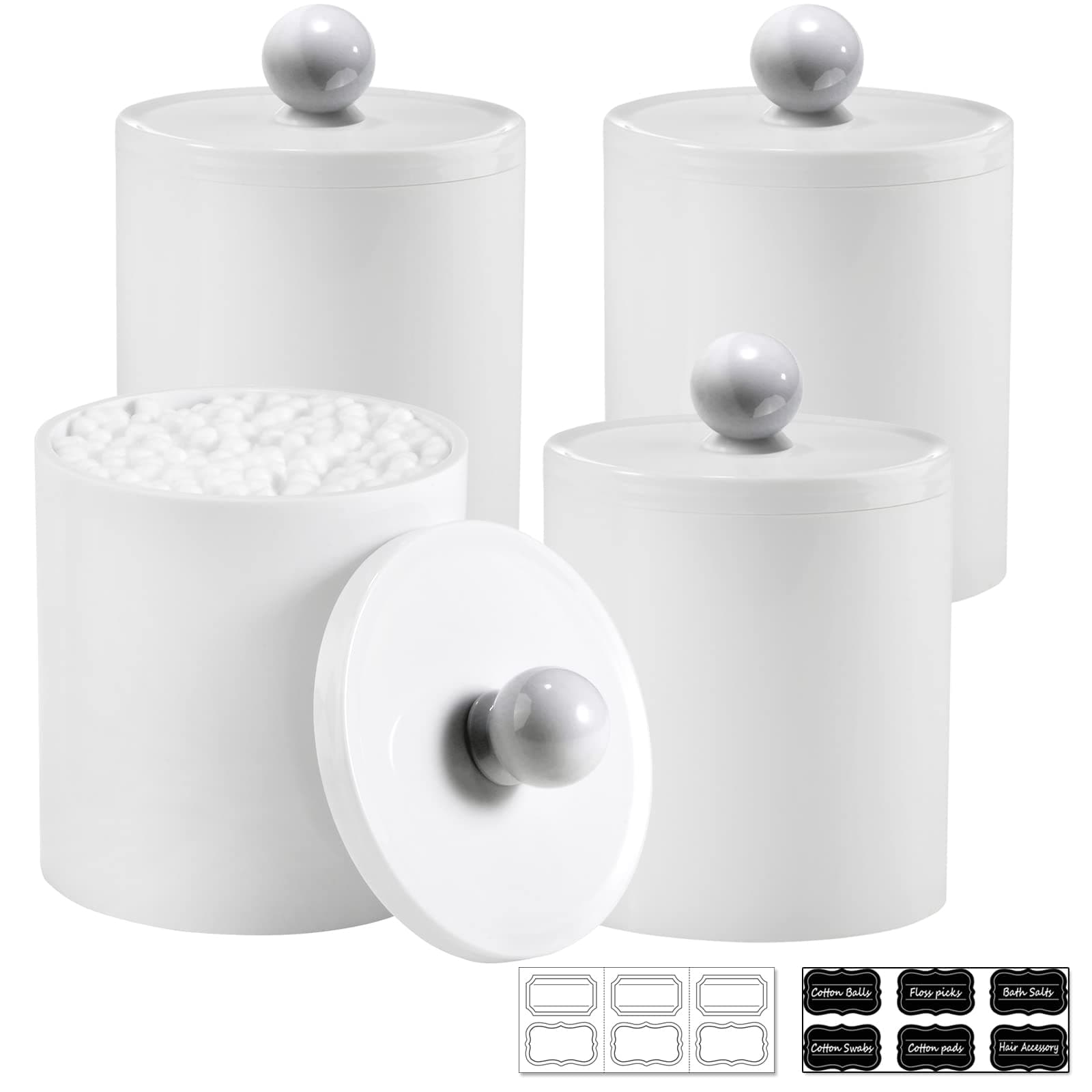 SheeChung 4 Pack Qtip Holder,White Acrylic Apothecary Jars,Shatterproof Qtip Holder Dispenser Set,Opaque Bathroom Vanity Organizer for Cotton Swabs,Balls,Pads, Modern Minimalist Decor (4 Pack,12&10oz)