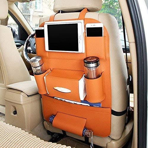 MULTIFARIOUS PU Leather Car Backseat Organizer Waterproof Back Seat Storage Pockets with Tablet, Mobile, Bottle, Tissue Box and Umbrella Holder (Tan)