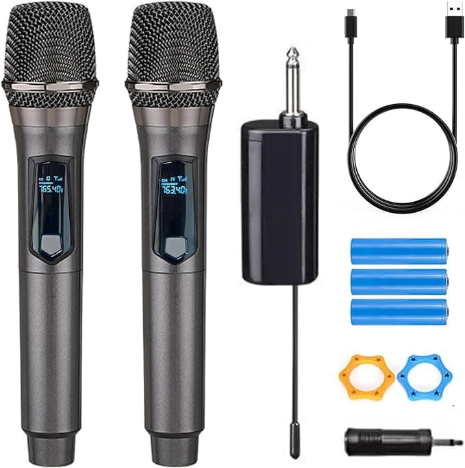 Rechargeable Wireless Dual Microphone Dynamic Wireless Microphone for Karaoke Singing, Wedding, DJ, Party, Speech, Church, Class Use, PA System, 200 ft, Gray