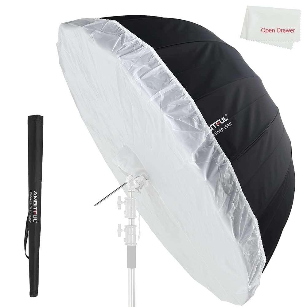 AMBITFUL 62in Parabolic Reflective Umbrella, Black, Metal, Umbrella Style with Diffuser Cover Cloth (160W Flash, 80.0 CRI)