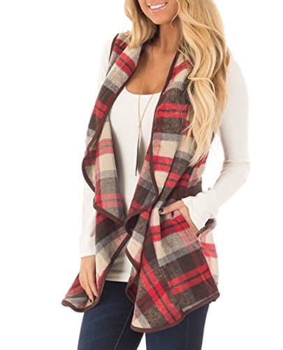 Women's Turn-Down Collar Casual Slash Hem Plaid Sleeveless Open Front Cardigan Vest Red XXL
