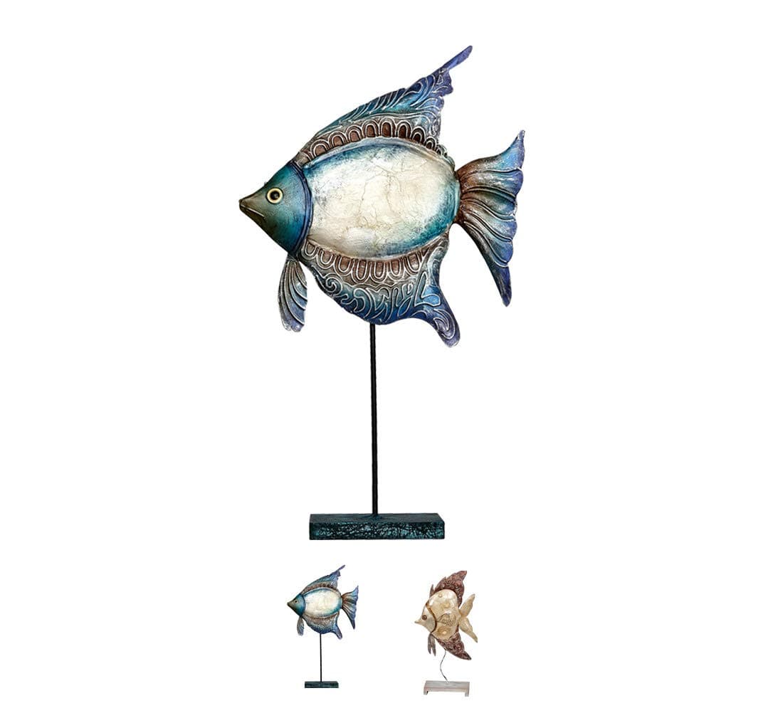 Metal and Capiz Fish Statue 14.5" Left, Nautical Beach Themed Coastal Decor, Capiz Shell Art Decoration