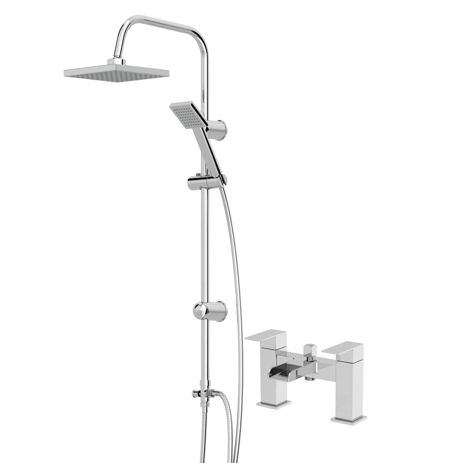 Square Bath Shower System Mixer Shower Tap with Waterfall Spout Modern Square Adjustable Riser Rail Kit Dual Rainfall Single Spray Shower Heads Handset Wall Mounted for Bathroom, Chrome