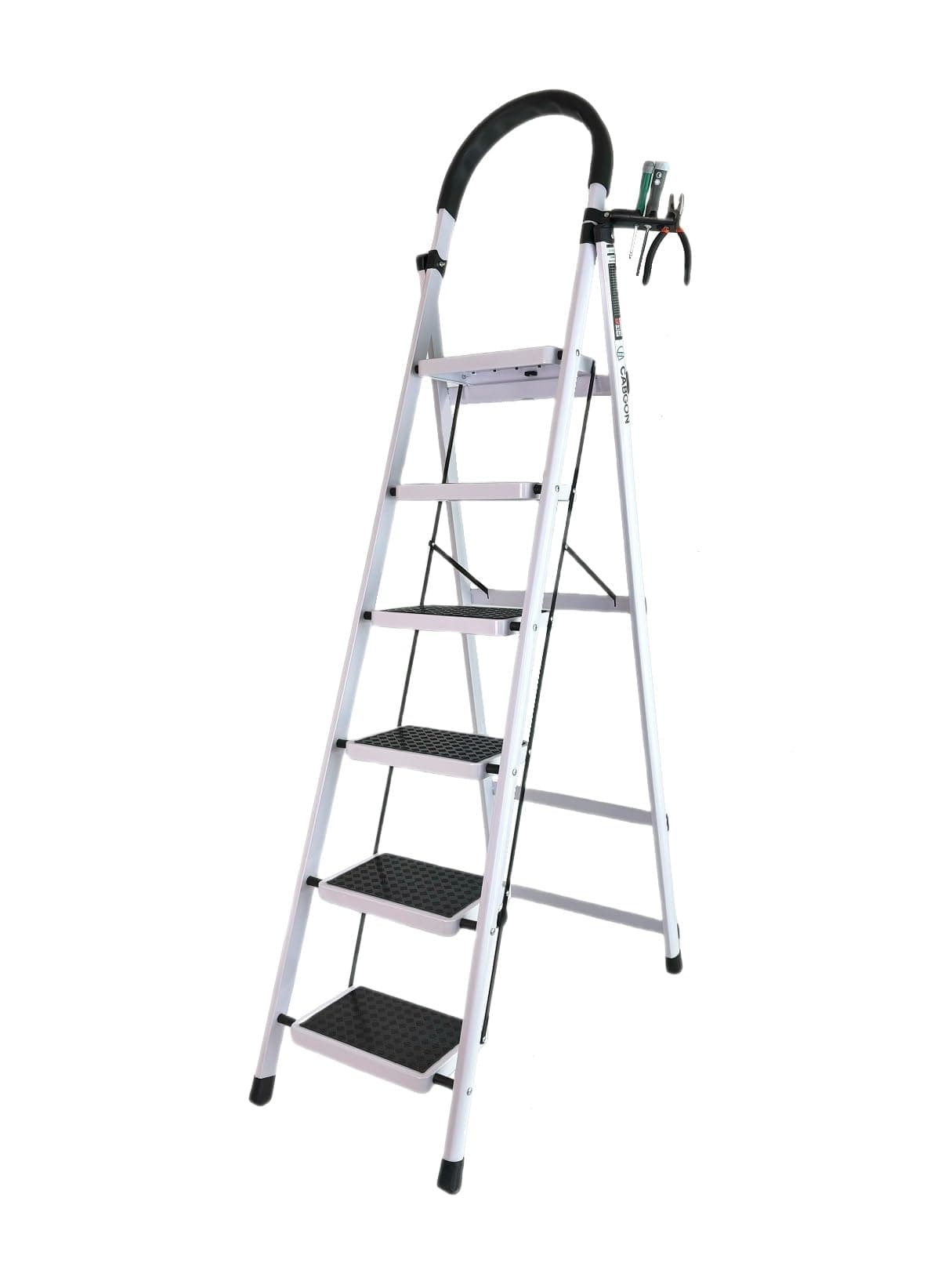 CABGON 6 Step Folding Ladder for Home Use, Heavy Duty Foldable Step Ladder with Handrail, Non-Slip Wide Pedals, Lightweight Steel Ladder for Kitchen, Office, Library (White, 6 steps)