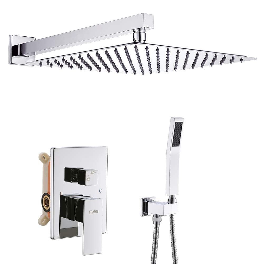 Shower Faucet Set, Starbath Shower System with 6-Setting Rain Shower Head and 9-Setting Handheld Shower Faucets Sets Complete Wall Mounted, 3 Way Pressure Balance Shower Valve and Trim Kit