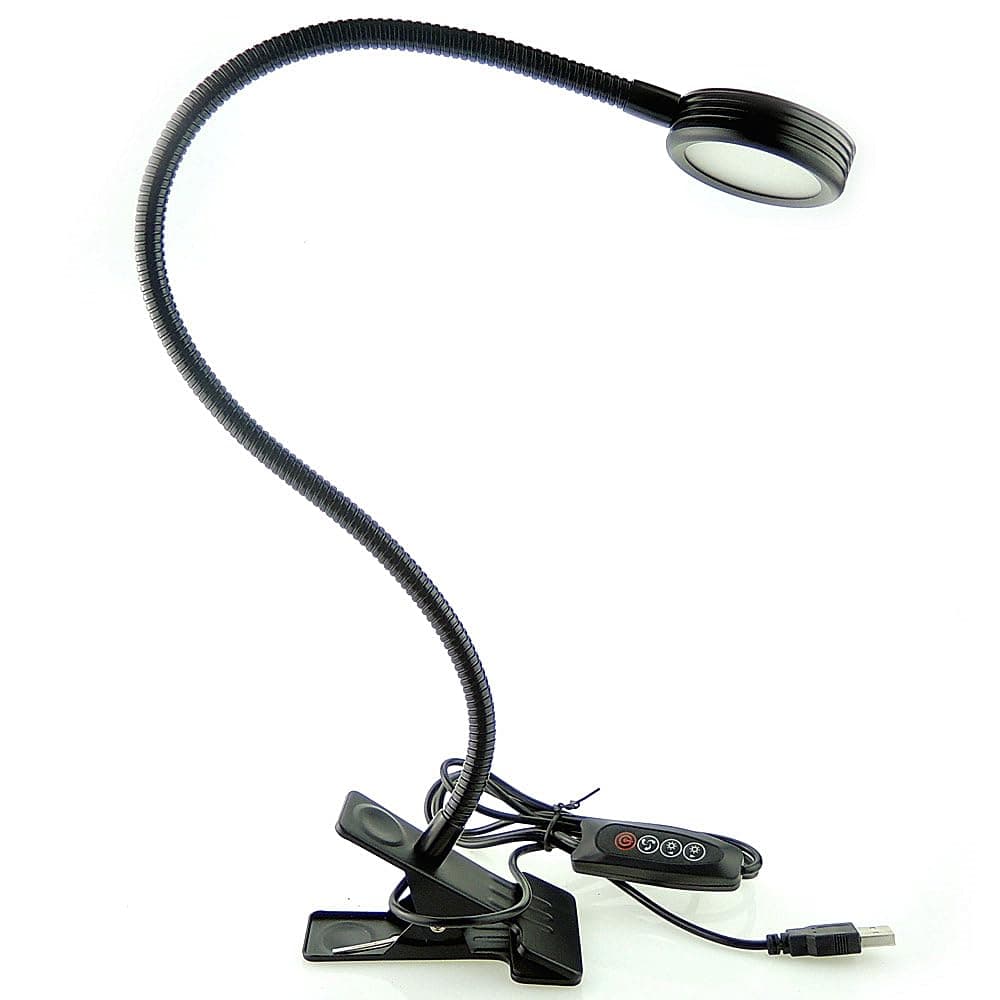 QUANS Dimmable Clip on Clamp LED Gooseneck Desk Light Lamp, Clip-on 3 Color Changeable Reading Lights, C-Clamp Nightlight, USB Port, 3 Color Temperature, Black