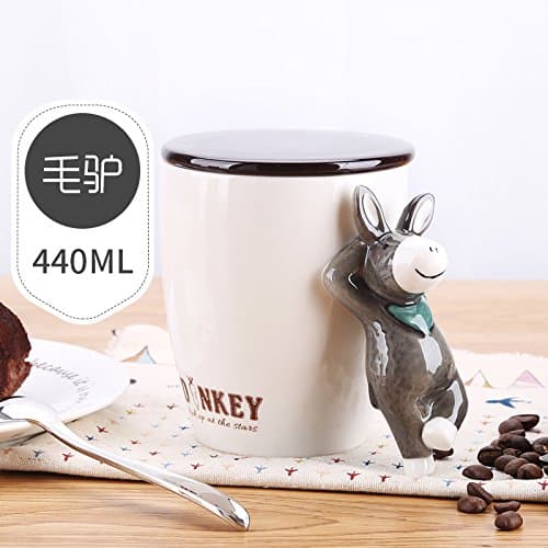 MOCER Creative Personality Animal Ceramic Cup Lid Mark Spoon Couple Cups Office Coffee Cup Breakfast Milk Cup, 1Pcs Without A Spoon - Donkey (440Ml)