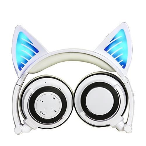 Bluetooth Headphones with Microphone and Volume Control Wired Over Ear Cat Ear Headphones With Glowing LED Flash light for iPhone /iPad,MP3,MP4,Android Phone,Macbook. white