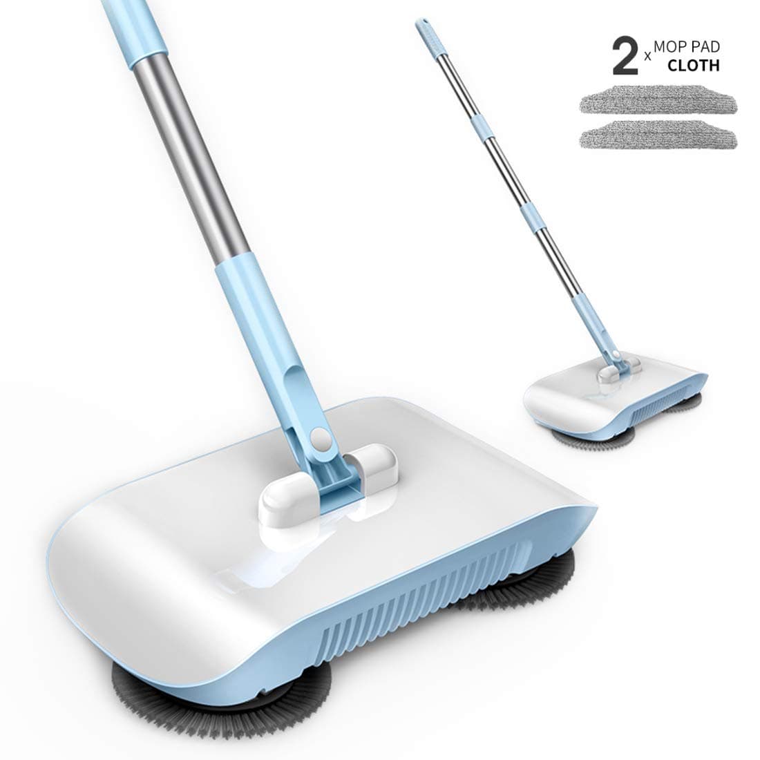 Rayzi Household Cleaning 360 Hand Push Automatic Sweeper Broom - Including Broom & Dustpan & Trash Bin - Non Electric for Tile,Marble, and Hardwood, 2 x Cloth (Blue)