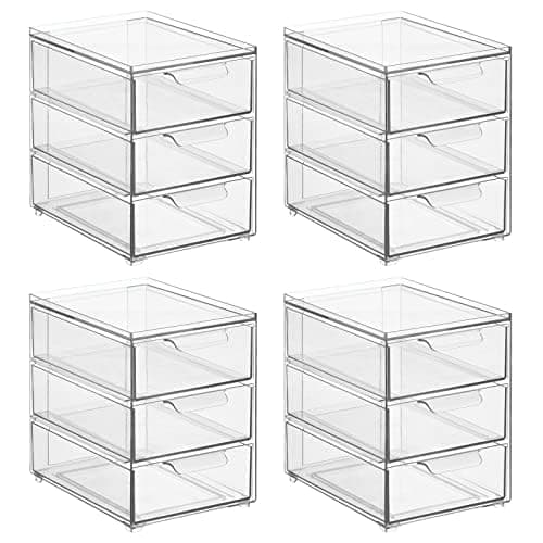 mDesign Plastic Stackable Organizer with 3 Drawers - Pull-Out Drawer Storage Bin for Bathroom Sink/Cabinet Organization - Perfect for Makeup, Small Towels, and More - Lumiere Collection, 4 Pack, Clear
