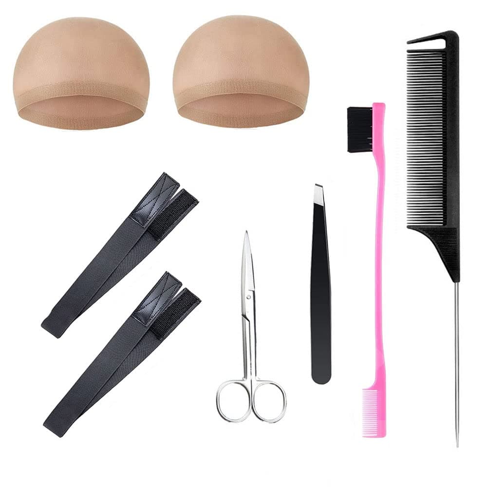 Brkmolfe8 Pieces Wig install kit Edge Laying Scarf 2 x Elastic Melt Band, Edge Brush, Eyebrow Tweezers, Hair Cutting Scissors, 2 x Wig Caps, Pintail Comb for Women Lace Frontal Wigs