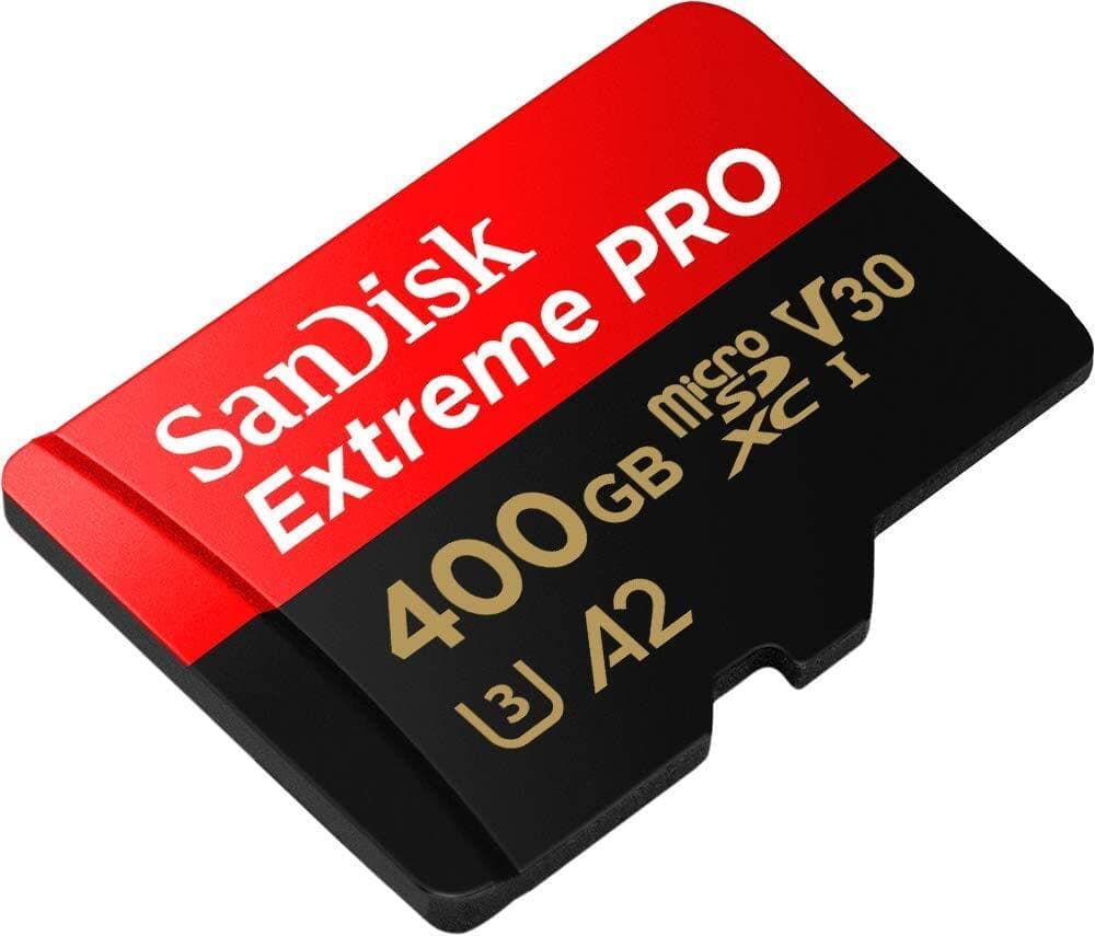 SanDisk Extreme Pro 400 GB microSDXC Memory Card + SD Adapter with A2 App Performance + Rescue Pro Deluxe 170 MB/s Class 10, UHS-I, U3, V30, Red/Gold SDSQXCZ-400G-GN6MA