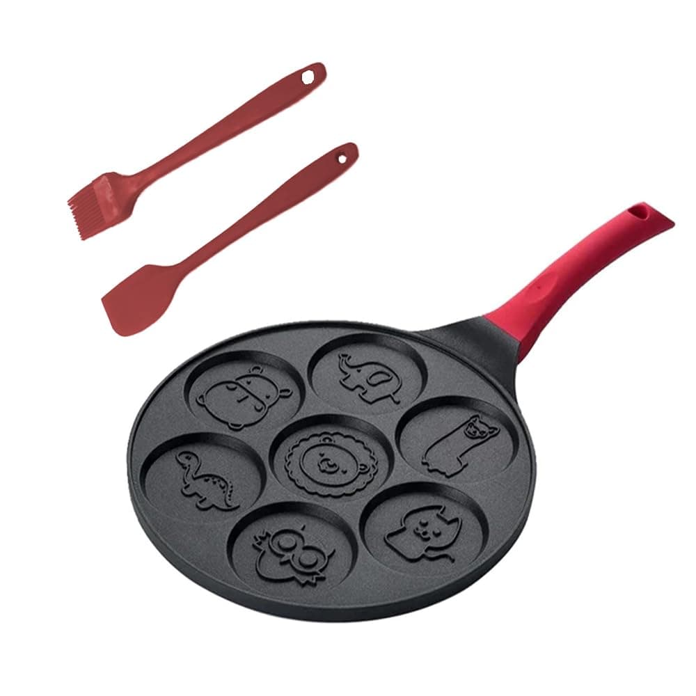 TOMVAESPancake Pan Nonstick, Seven-Hole Fried Egg Pan Cute Pancake Mold with 7 Animal Breakfast Pot Pattern Waffle Maker Grill Pan Mini Crepe Maker with Oil Brush and Scraper (black)
