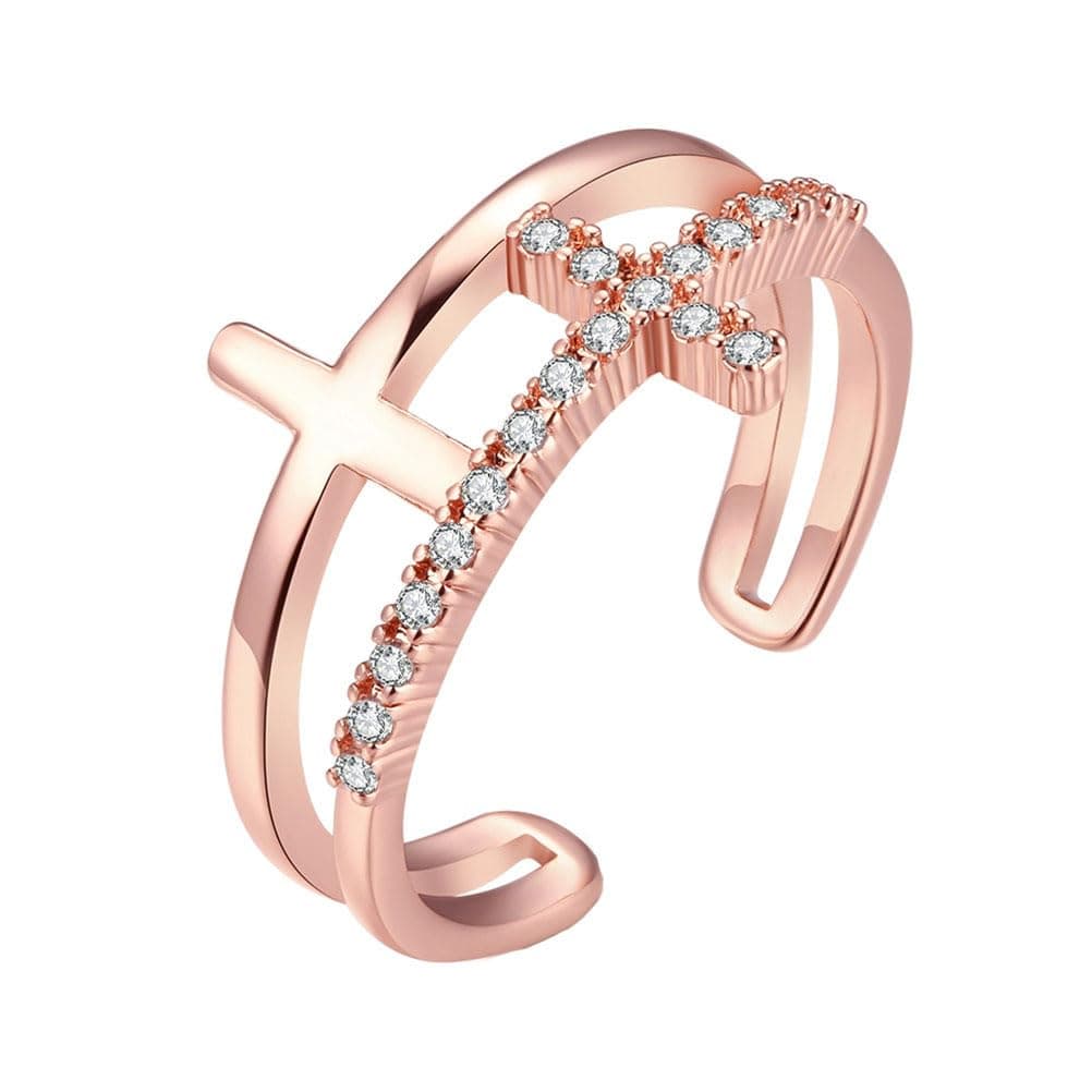 Women's Adjustable Size Ring Rose Gold Plated Double Crucifix Zircon Open Ring-Valentine's Day/Ladies/Women