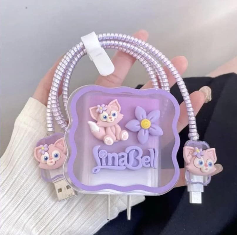 Meyaar 4 in 1 Compatible with Apple iPhone Charger Case Cover | Silicon Charger Case Cover for Apple 18-20W 360 Degree Protection Case with Wire Saver (Purple (Lina-Bell))