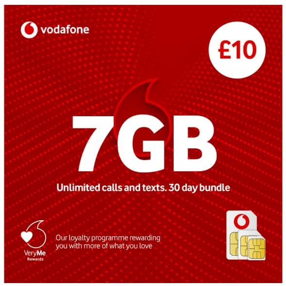 Vodafone 7GB Data Bundle, 30 Day Unlimited Calls and Texts, £10 | Pay As You Go | UK SIM CARD