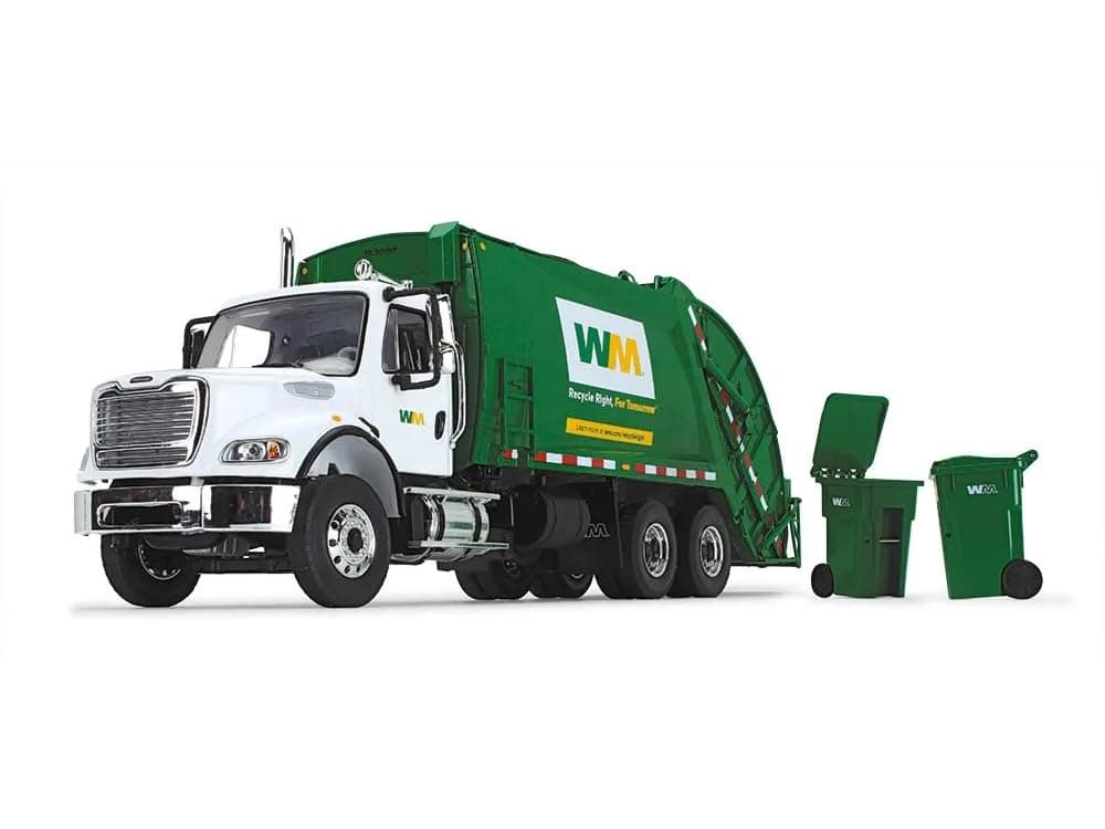 Freightliner M-2 with McNeilus Rear Loader Garbage Truck Waste Management with Garbage Bins 1/34 Diecast Model by First Gear 10-3287D
