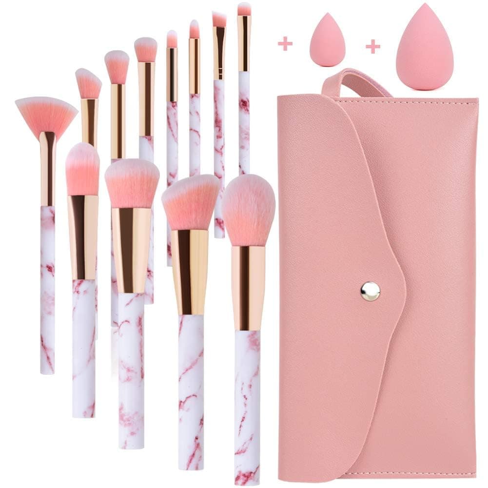 Start Makers Make Up Brush Set 12 Pieces Pink Marble Brush Set Makeup with Concealer Foundation Eyeshadow Beauty Blender and Bag