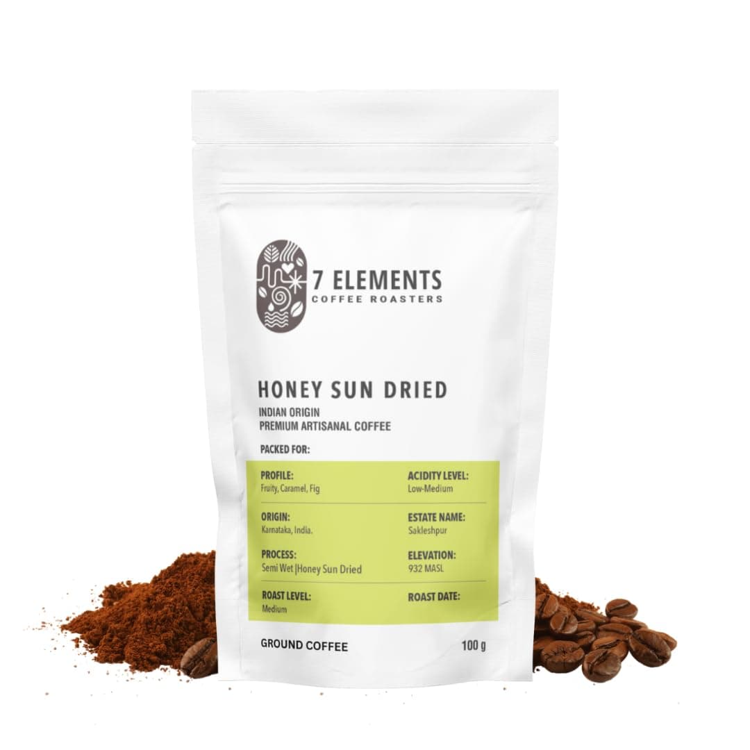 7 Elements Coffee Roasters Honey Sun Dried Ground Coffee - 100 g (Pack of 1) | Medium Roast (Turkish Grind) | 100% Arabica Freshly Roasted Coffee Grounds | AA Grade | Rich Flavorful Coffee