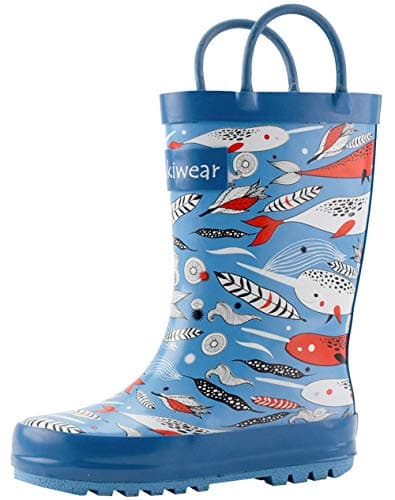 OAKI Kids Rubber Rain Boots with Easy-On Handles, Narwhals, 5T