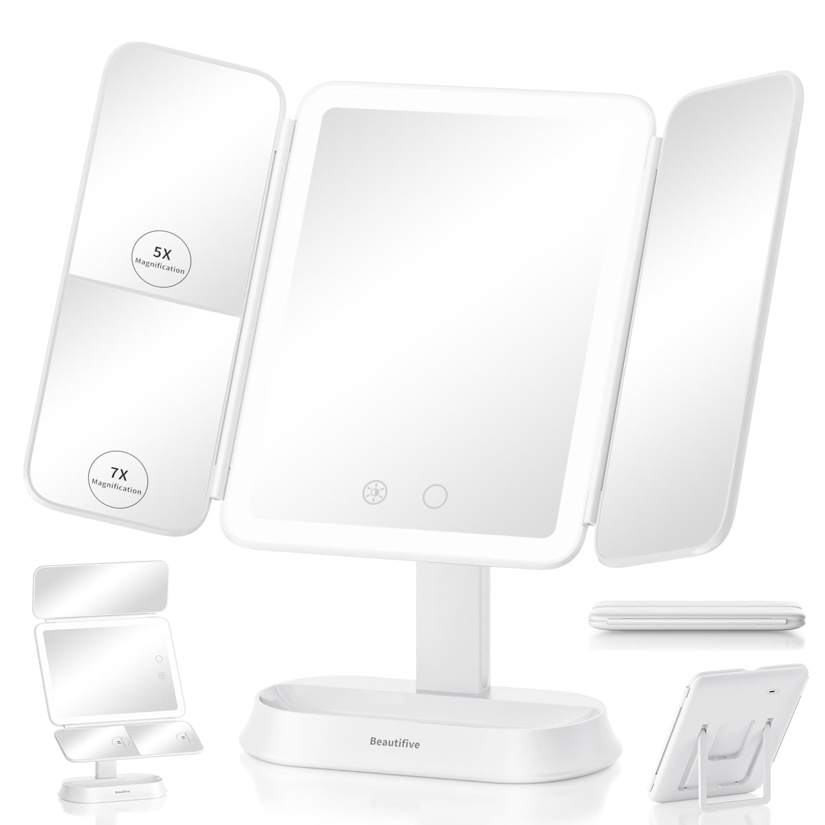 7X/5X/1X Lighted Makeup Mirror with Magnification, 360° Rotation & Detachable Travel Makeup Mirrors with 100 Led Lights, Portable Trifold Light Up Magnifying Mirror with 3 Lights Colors for Desktop