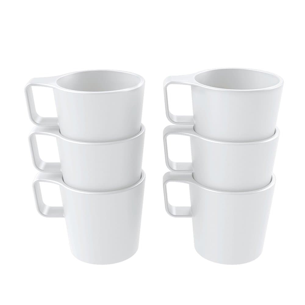 Coza Design- Eco Friendly Plastic Stackable Mug Set for coffee tea milk or hot chocolate- 8.5 oz (Set of 6 White)