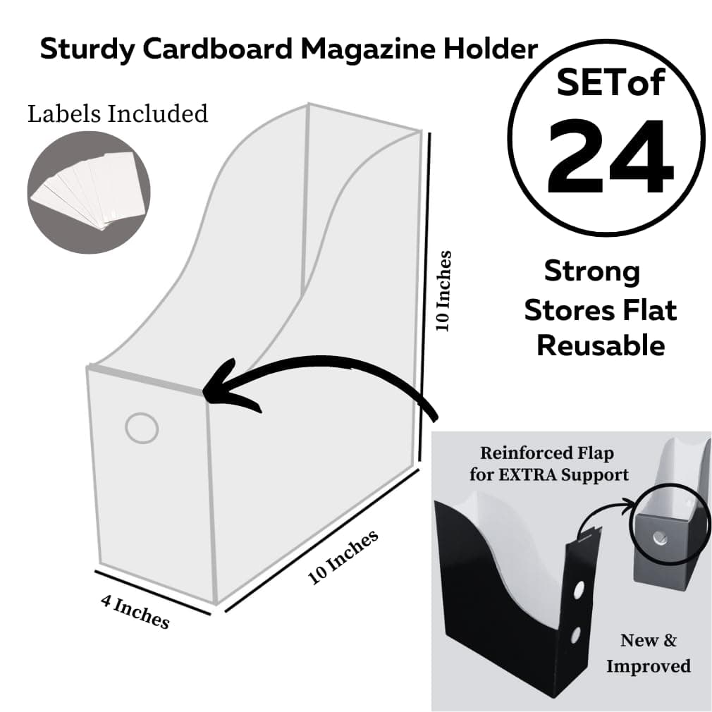 Evelots Magazine File Holder-Organizer-Full 4 Inch Wide-White-with Labels-Set/24