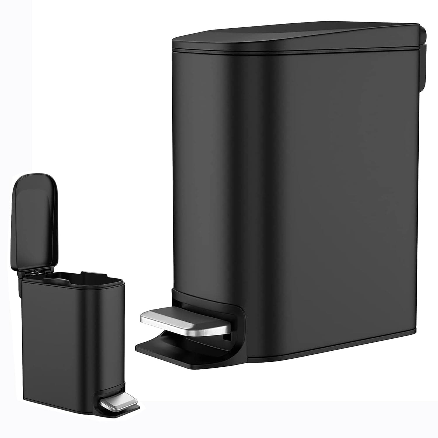 Small Bathroom Trash Can with Lid Soft Close, Step Pedal, 6 Liter / 1.6 Gallon Stainless Steel Garbage Can with Removable Inner Bucket, Anti-Fingerprint Finish