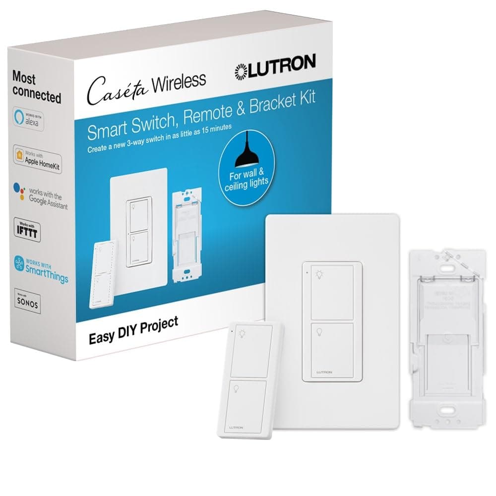 - Lutron Caseta Smart Light Switch 3-Way Kit, with Pico Remote, Wallplate, Wall Bracket for LED Lights and Fans, On-Off Only, 5 Amp, Neutral Required, P-PKG1WS-WH