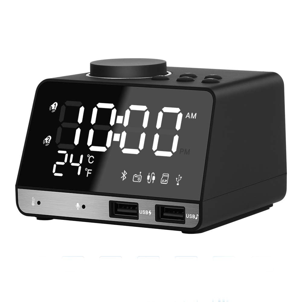 Alarm Clock Radio 4.2 Inch, Bluetooth Speaker with Dual USB Charger Port,AUX TF Card Play,Snooze,Thermometer, Large Dimmable LED Display for Bedrooms, Hotels, Kitchens, Tables and Offices
