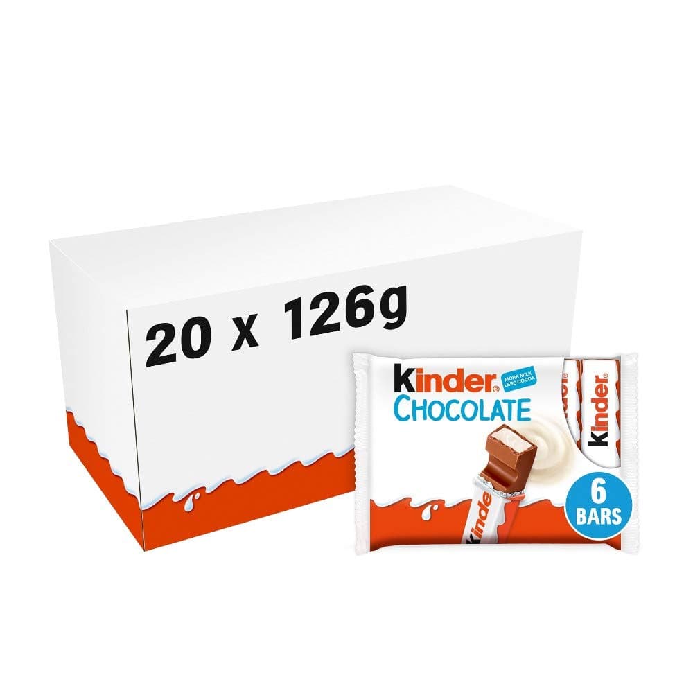Kinder Chocolate Bulk Box - Fine Milk Chocolate Bars with Creamy Milky Filling - 20 Packs x 6 Bars (126g each) - Wholesale Case (120 Bars Total)