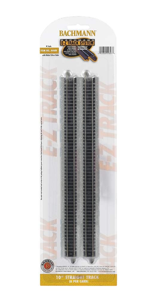 Trains Snap Fit E-Z Track® 10" Straight Track (6/Card) Nickel Silver Rails Gray Roadbed – N Scale